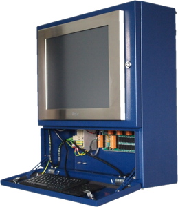 Wall mounted metal equipment enclosure with monitor window and fold-out keyboard shelf